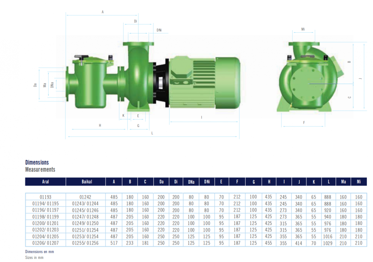 dimension pompe piscine aral